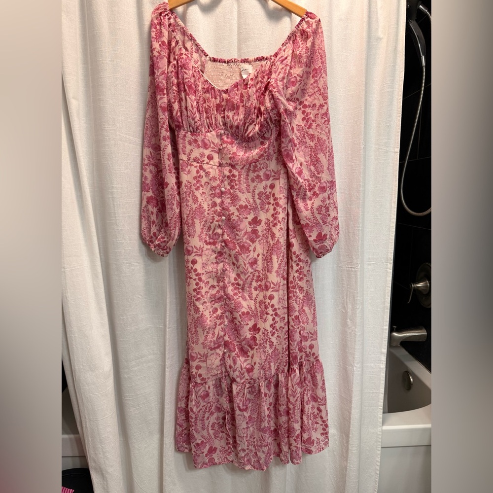 Pink Floral Long Sleeve Midi Dress